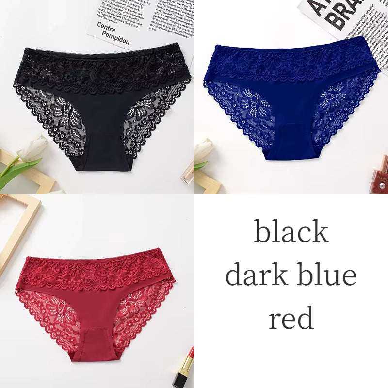 3-piece lace silk satin women's panties set in black, dark blue, and red.