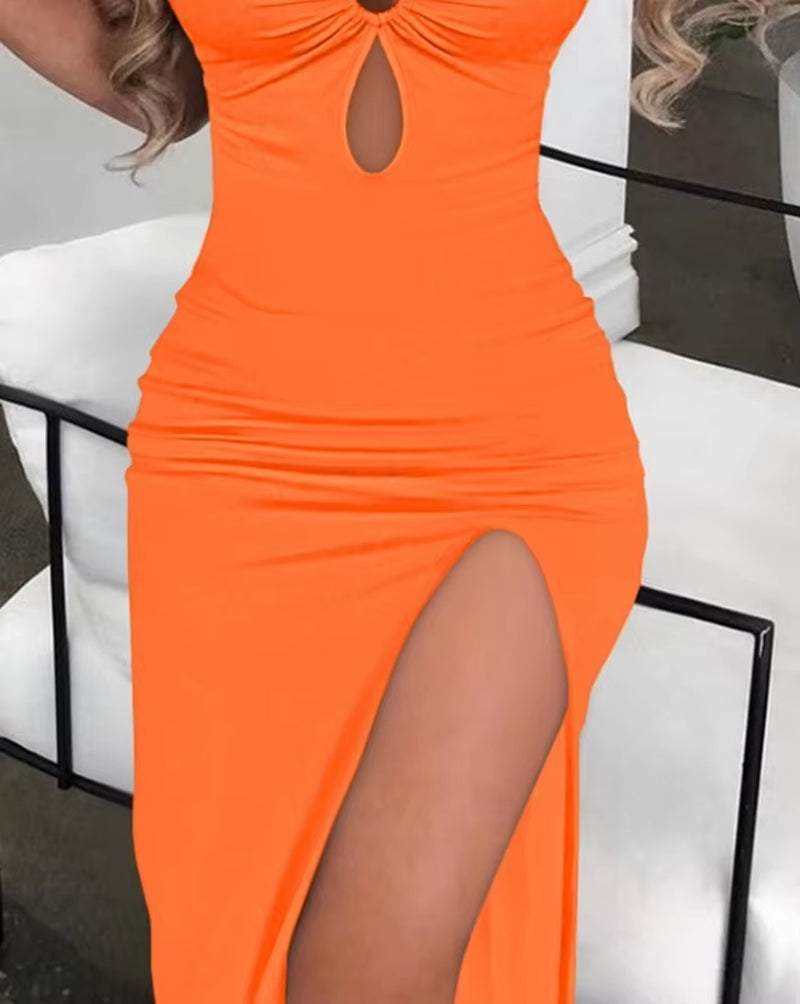 Spaghetti Strap Dress with Hollow Out Design and High Slit