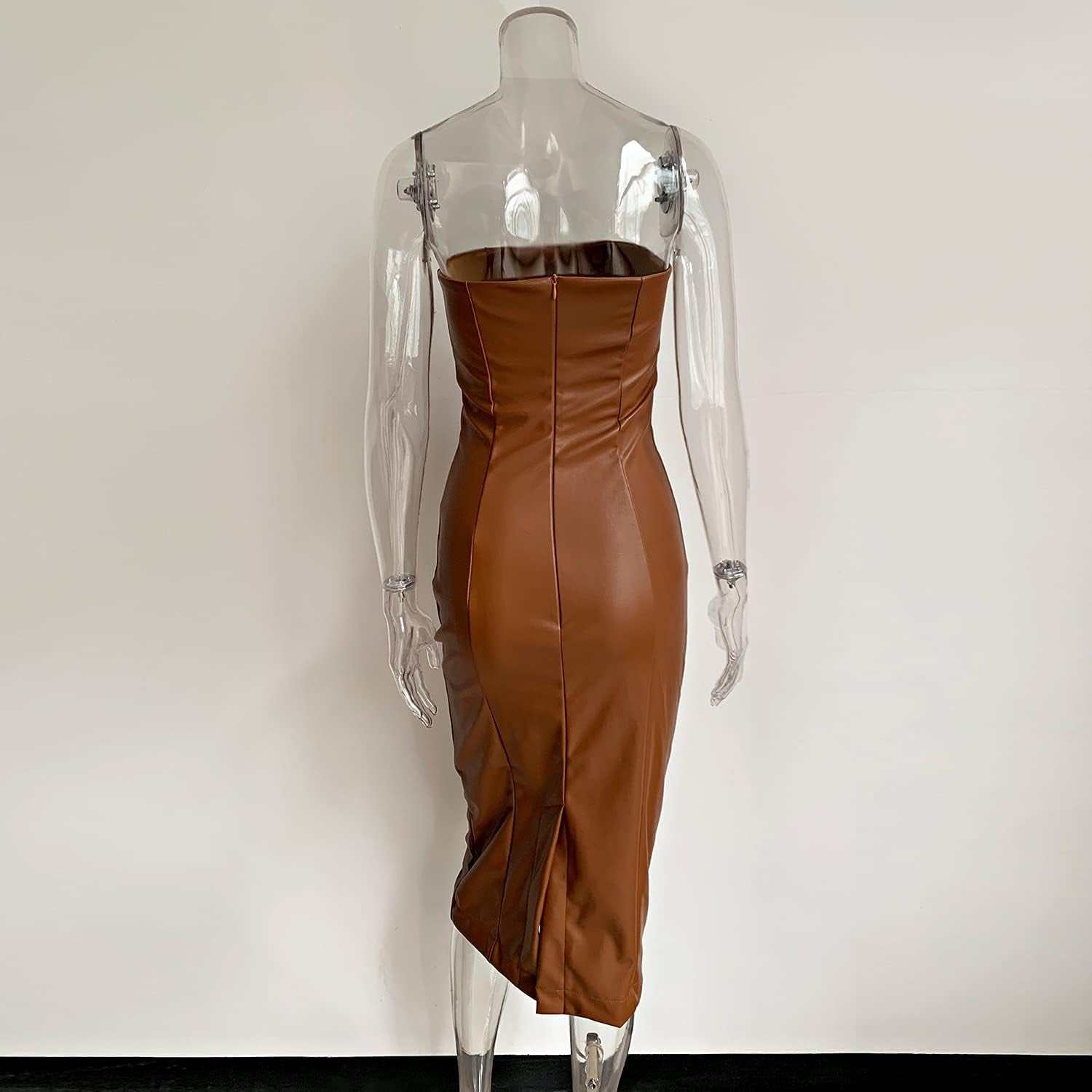 Women strapless bodycon party dress in brown, off-shoulder design, elegant midi length.