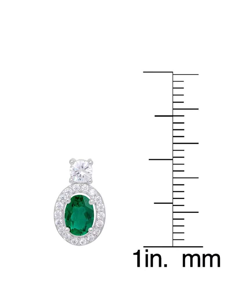 Simulated emerald oval halo pendant earring with ruler for size comparison, silver plated finish.