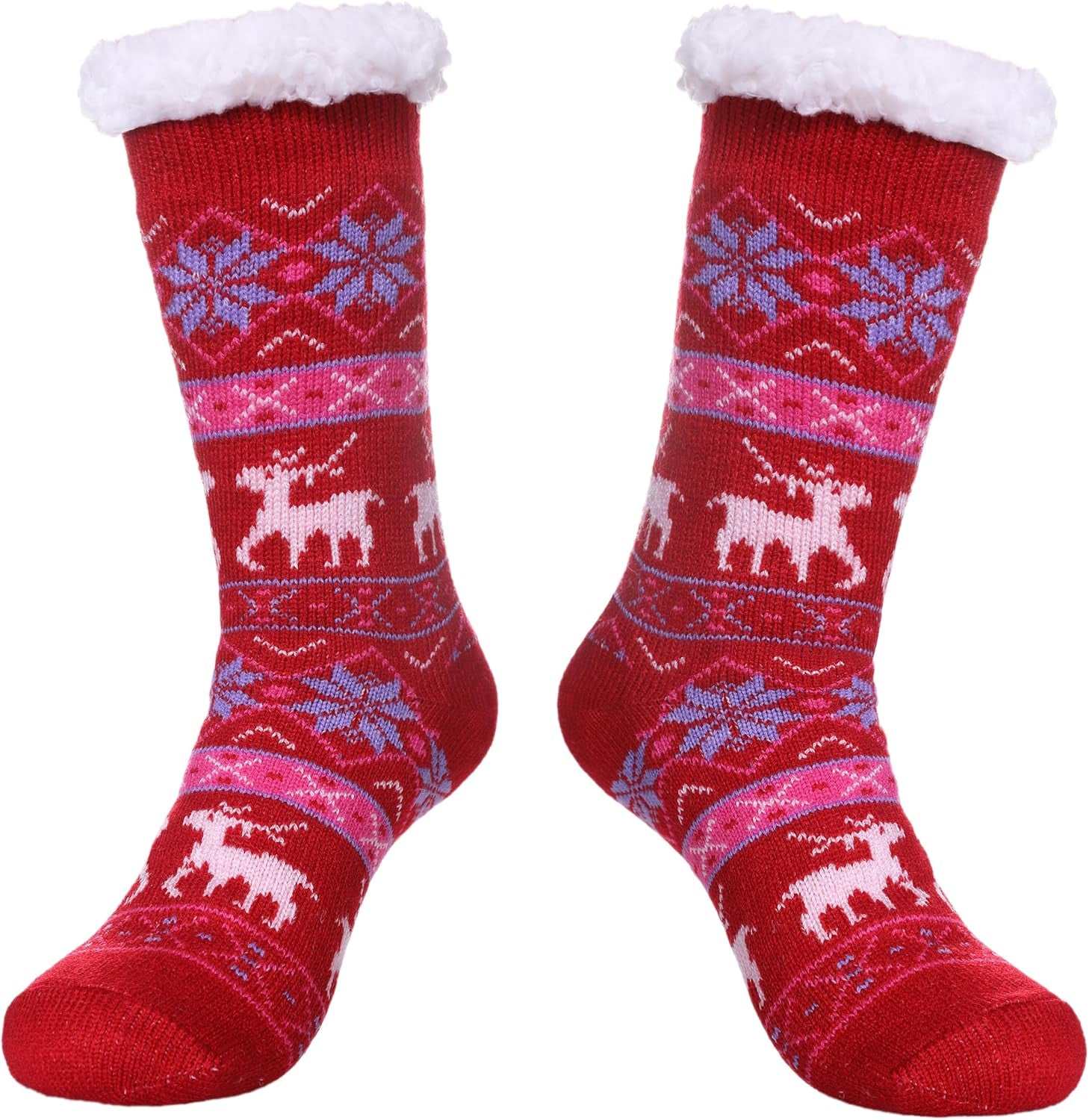 Women's red snowflake deer fleece-lined slipper socks with white grippers.