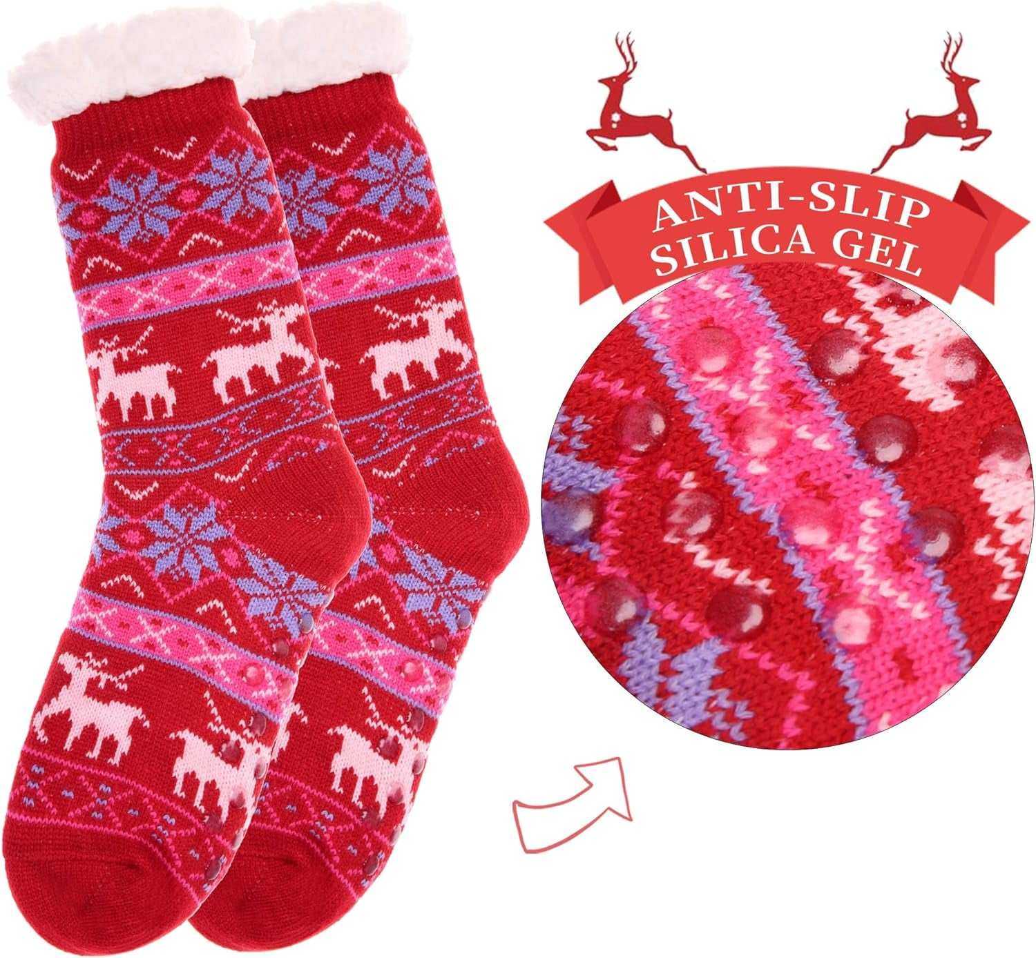 Women's fuzzy snowflake deer fleece-lined slipper socks with anti-slip grippers.
