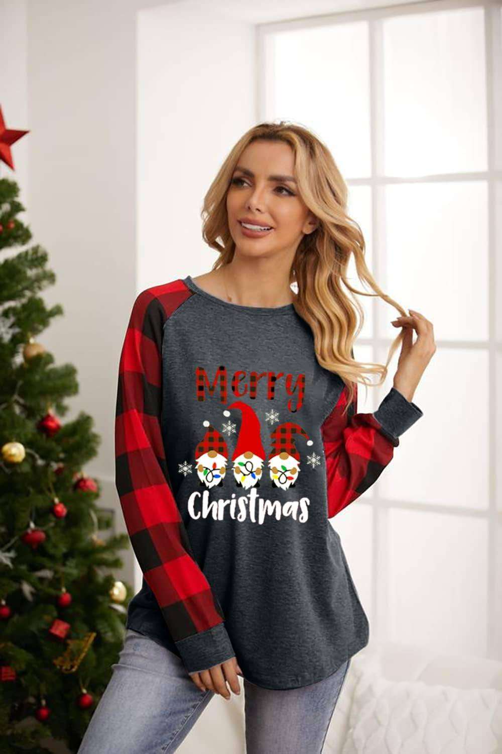 Plaid Tops Shirt Women's Christmas gnomes plaid long sleeve shirt, festive design, holiday top.