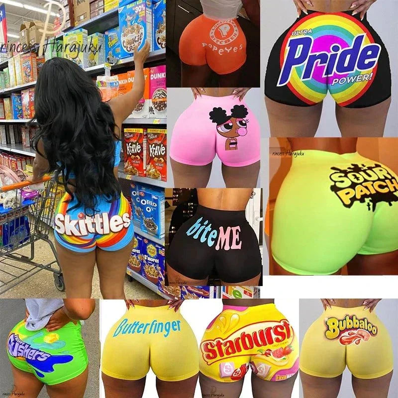 Colorful hip-hop beach sports shorts with candy snack patterns, featuring a cute mid waist design.