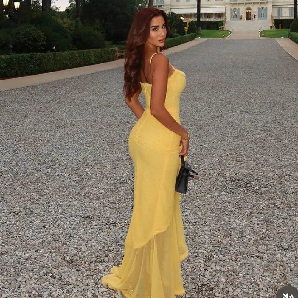 Elegant Mesh Dress Yellow Long Dresses