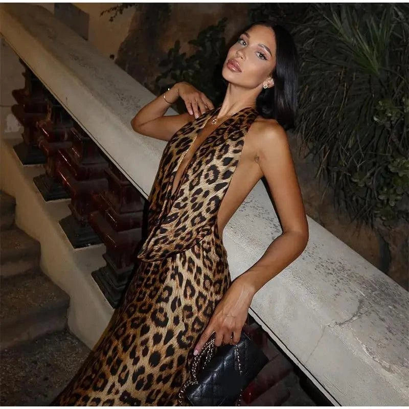 Women Elegant Leopard Print Long Dresses