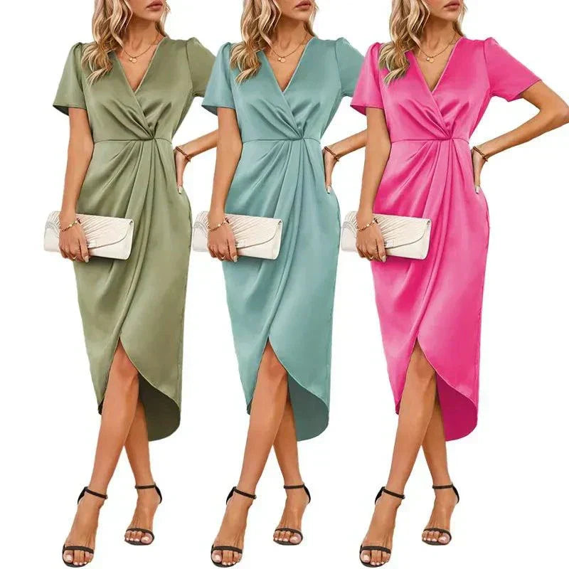 Elegant Satin Summer Women V-Neck Dress with Short Sleeves in green, blue, and pink.