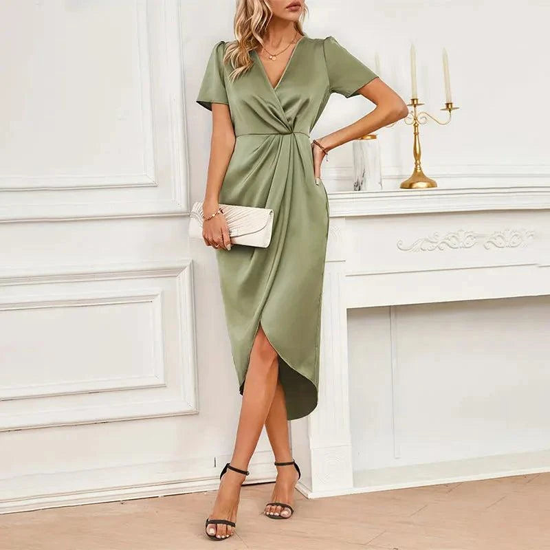 Elegant Satin Summer Women Dress Short Sleeve