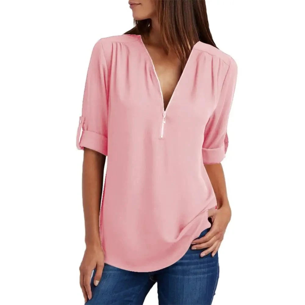 V Neck Half Sleeve Loose Top Women's Clothing