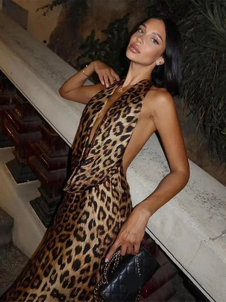 Women Elegant Leopard Print Long Dresses