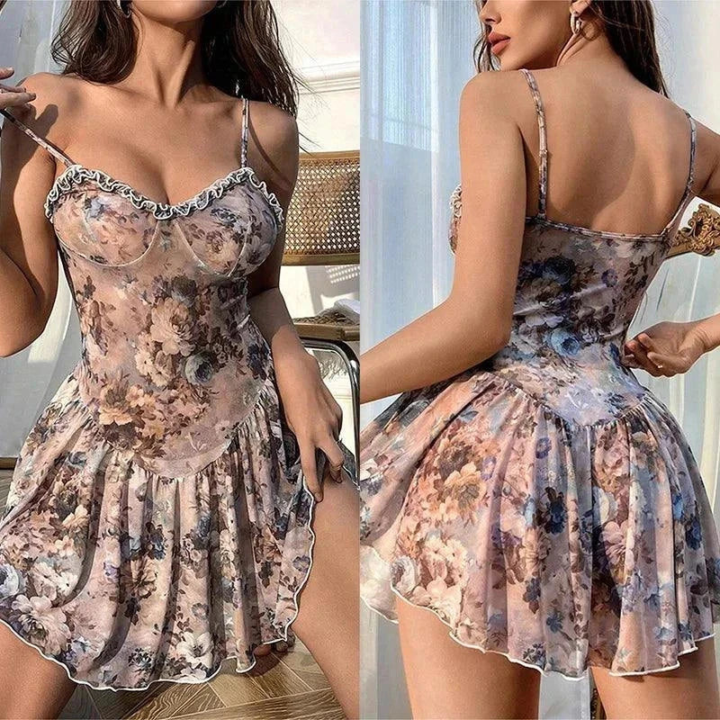 Sleepshirt Underwear Sleepshirt Underwear Floral camisole mini skirt nightgown with lace design, polyester material.