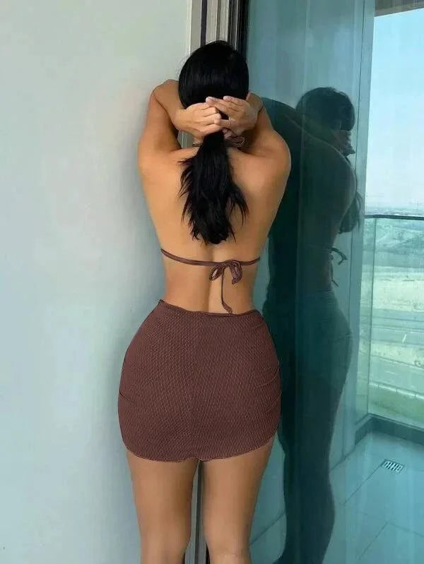 3 Pieces Triangle Push Up Bikini Women Beach Skirt Swimsuit