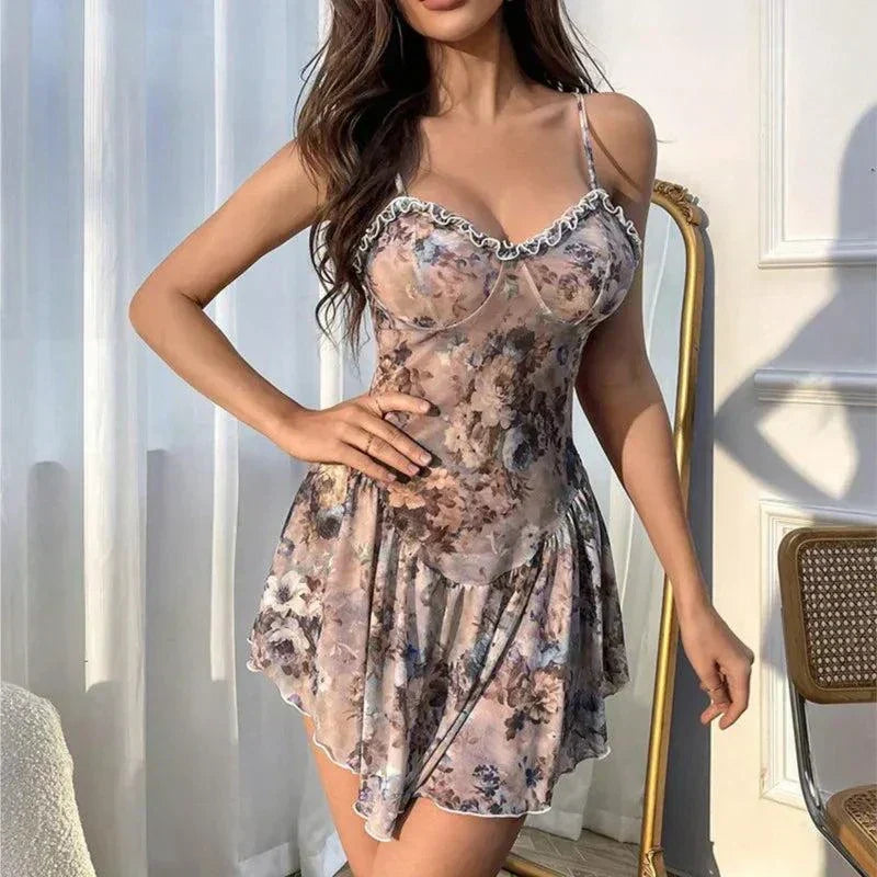 Floral camisole mini skirt nightgown with lace design in silk material.