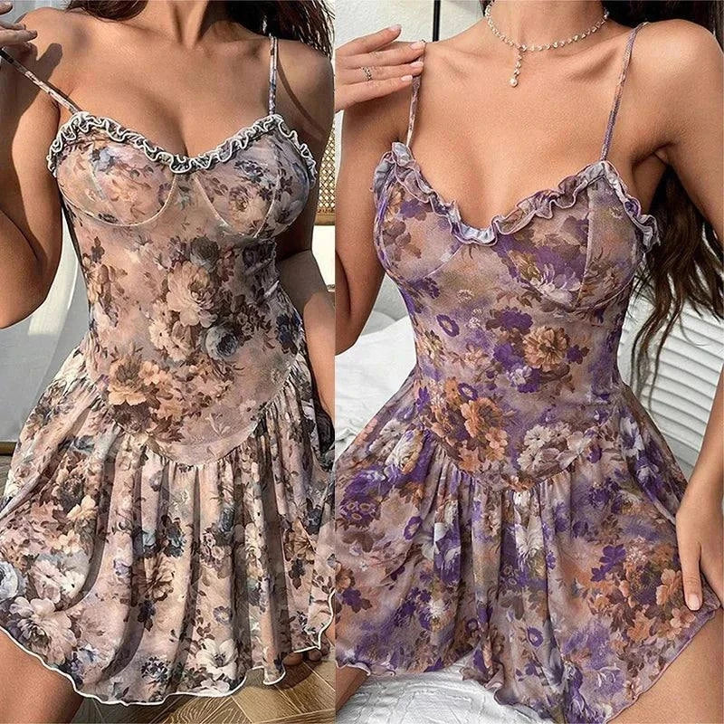 Sleepshirt Underwear Floral camisole mini skirt nightgown with lace design, polyester material.