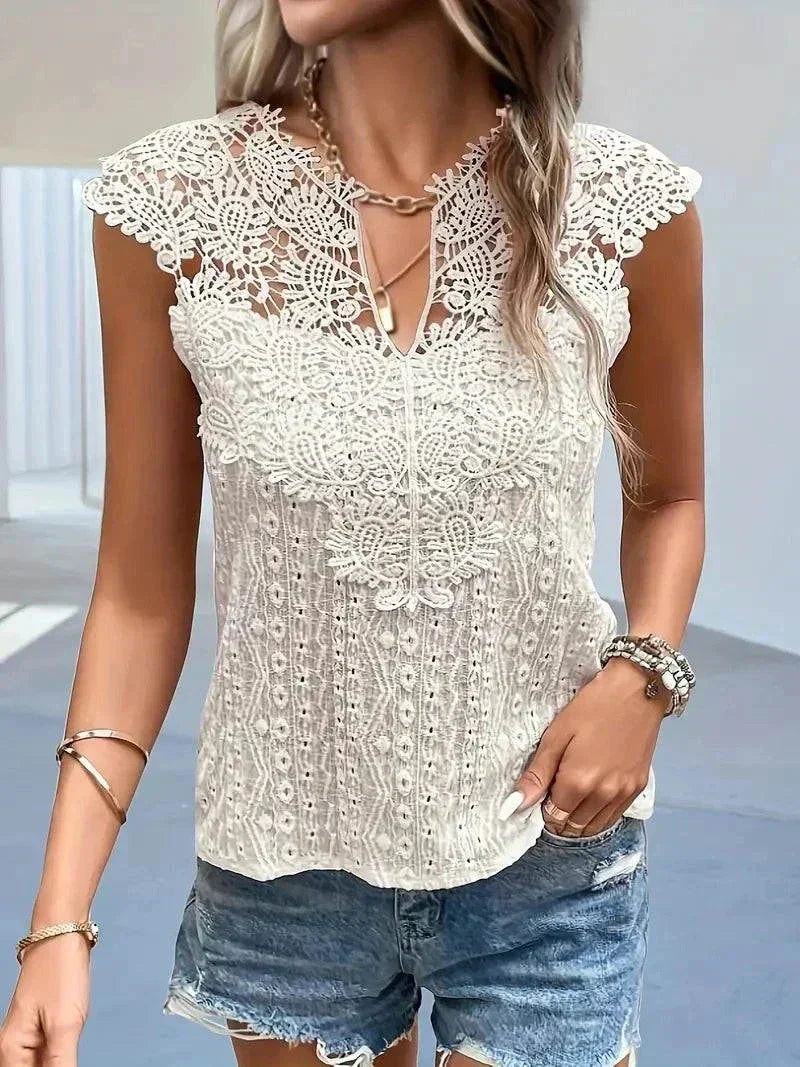 Women’s V-neck lace sleeveless top, solid color, spring/summer style.
