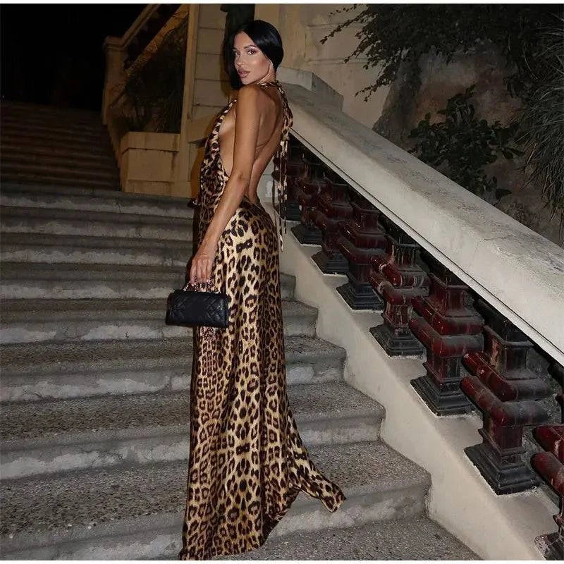 Women Elegant Leopard Print Long Dresses