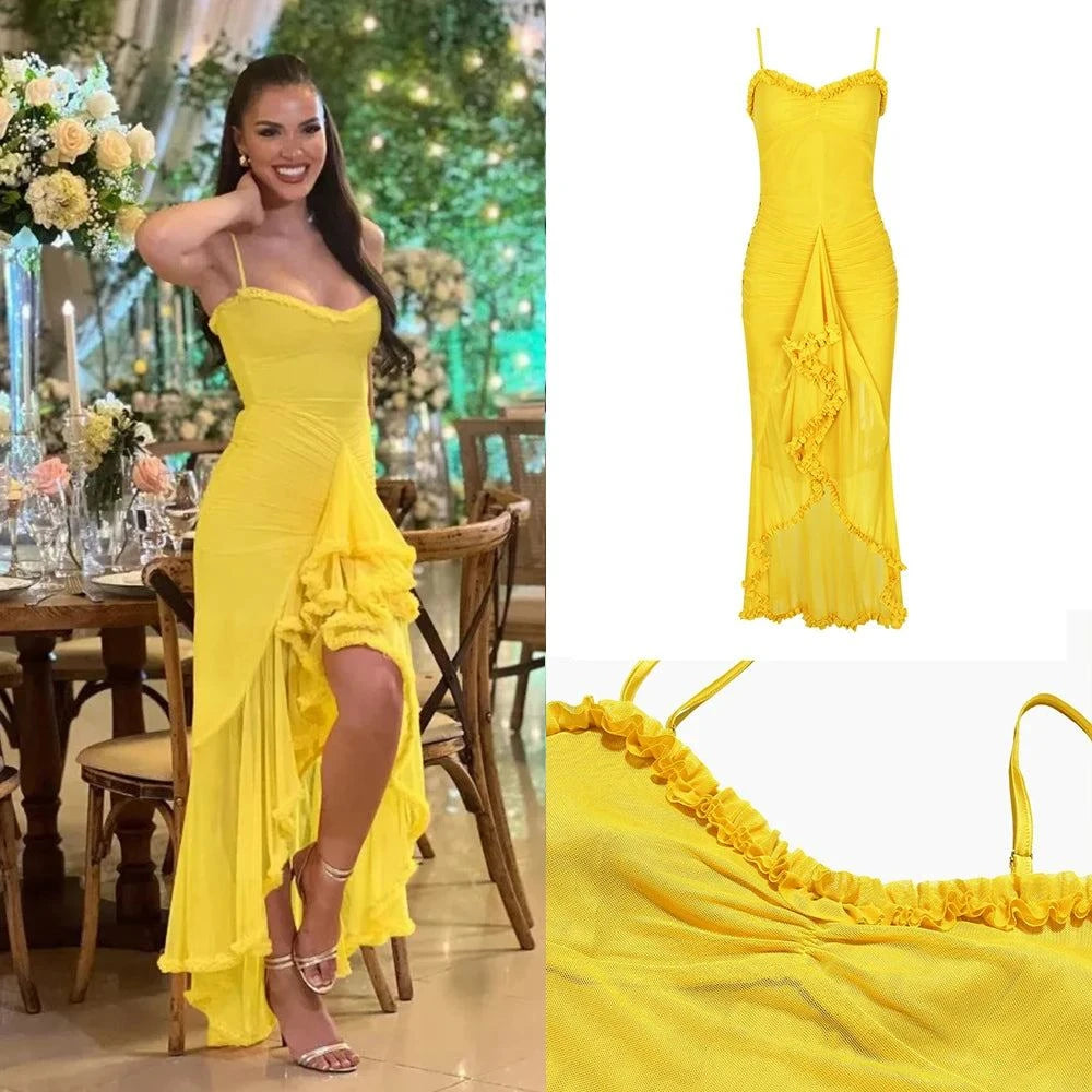 Elegant Mesh Dress Yellow Long Dresses
