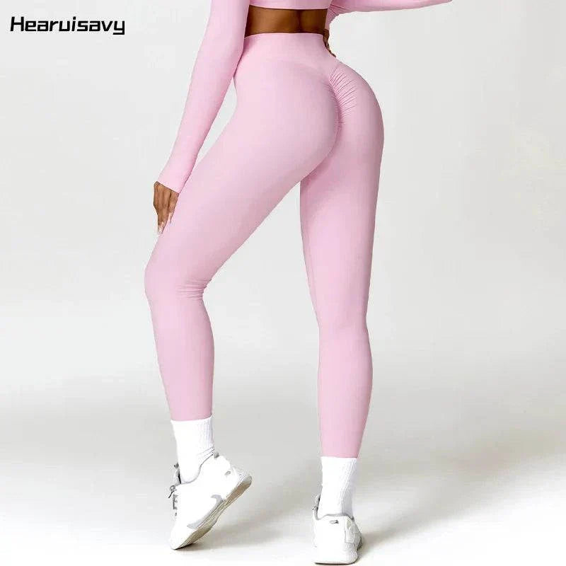 Hearuisavy pink scrunch gym leggings for women, workout pants, yoga tights.