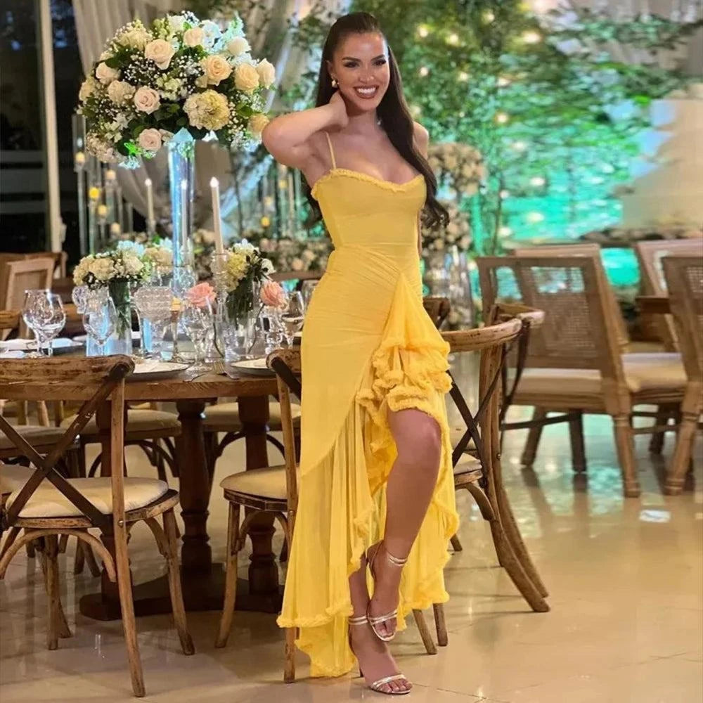 Elegant Mesh Dress Yellow Long Dresses