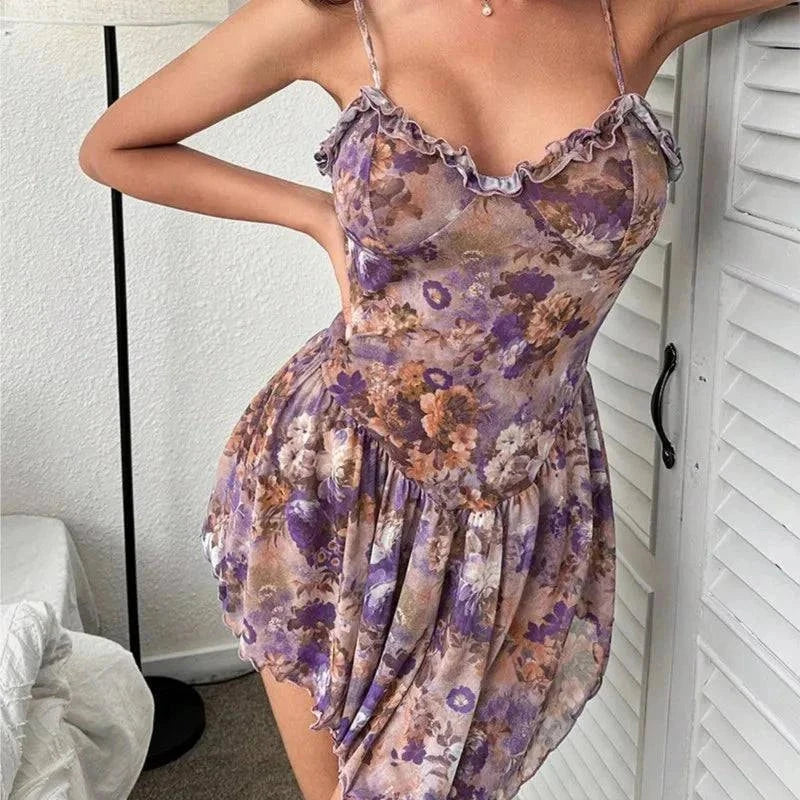 Sleepshirt Underwear Floral camisole mini skirt nightgown with lace design, polyester material.