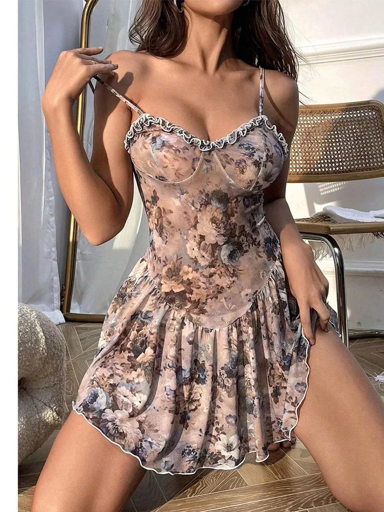 Sleepshirt Underwear Floral camisole mini skirt nightgown with lace design, polyester material.