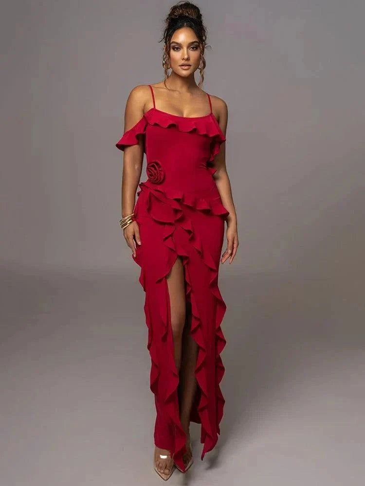 Mozision elegant ruffle spaghetti strap backless maxi dress in red with high split.