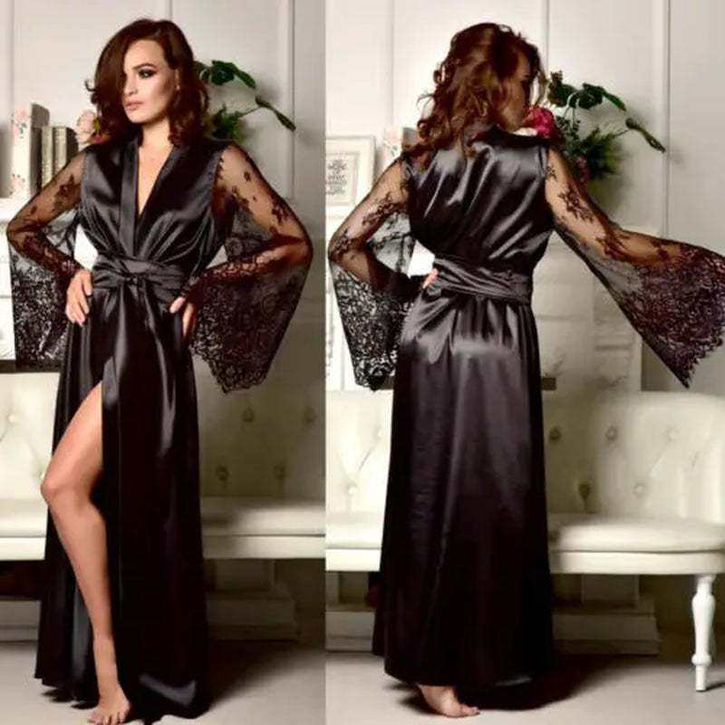 Silk lace long robe dress nightgown for women in black with floral lace sleeves, sexy lingerie sleepwear.