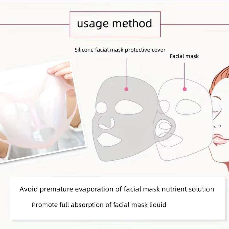 3D silicone face cover usage method illustration for enhancing facial mask absorption.