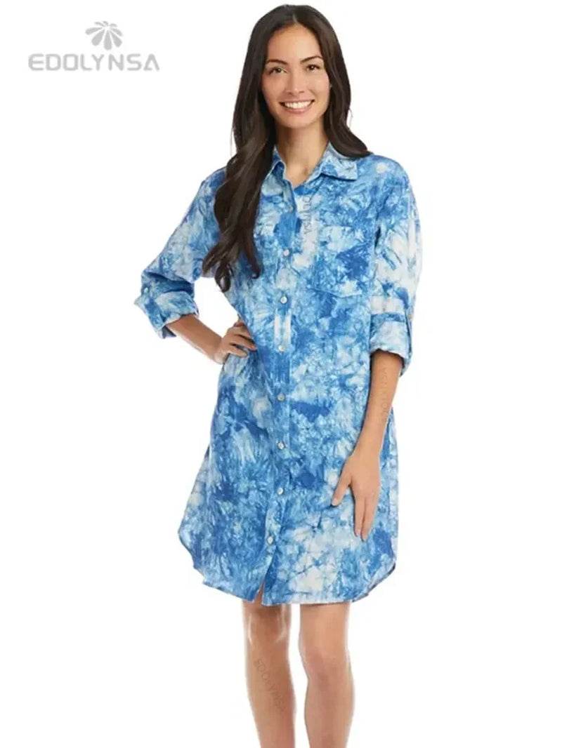 Women's blue tie-dye tunic dress, beach cover-up with mandarin sleeves.