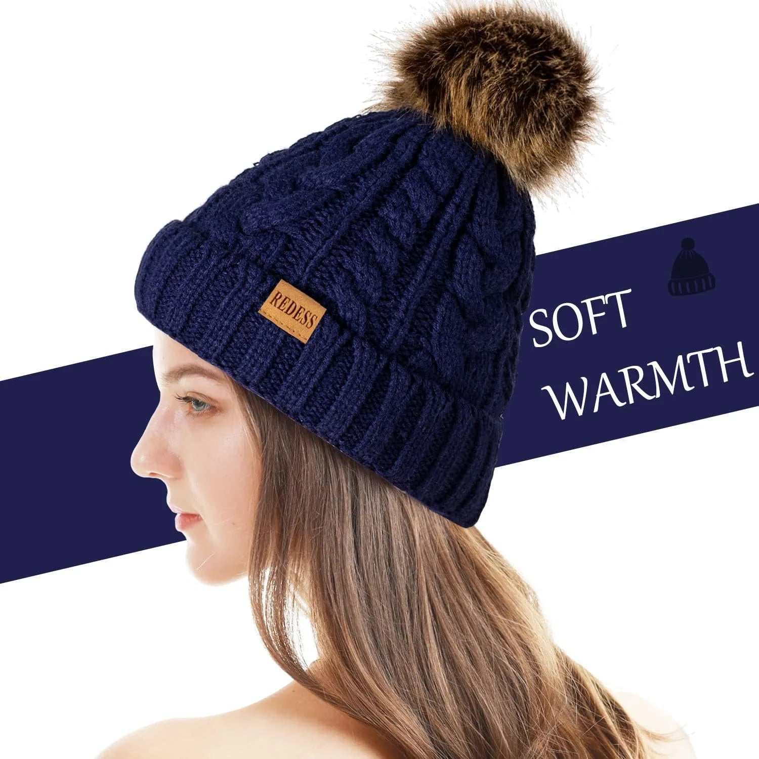 Women winter hat with warm fleece lining in cute pink, pompom beanie, cozy knit skull cap.