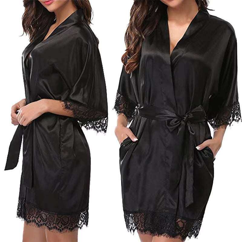 Women's silk pajamas with lace detail in elegant black, showcasing comfort and luxury for sleepwear and lounging.