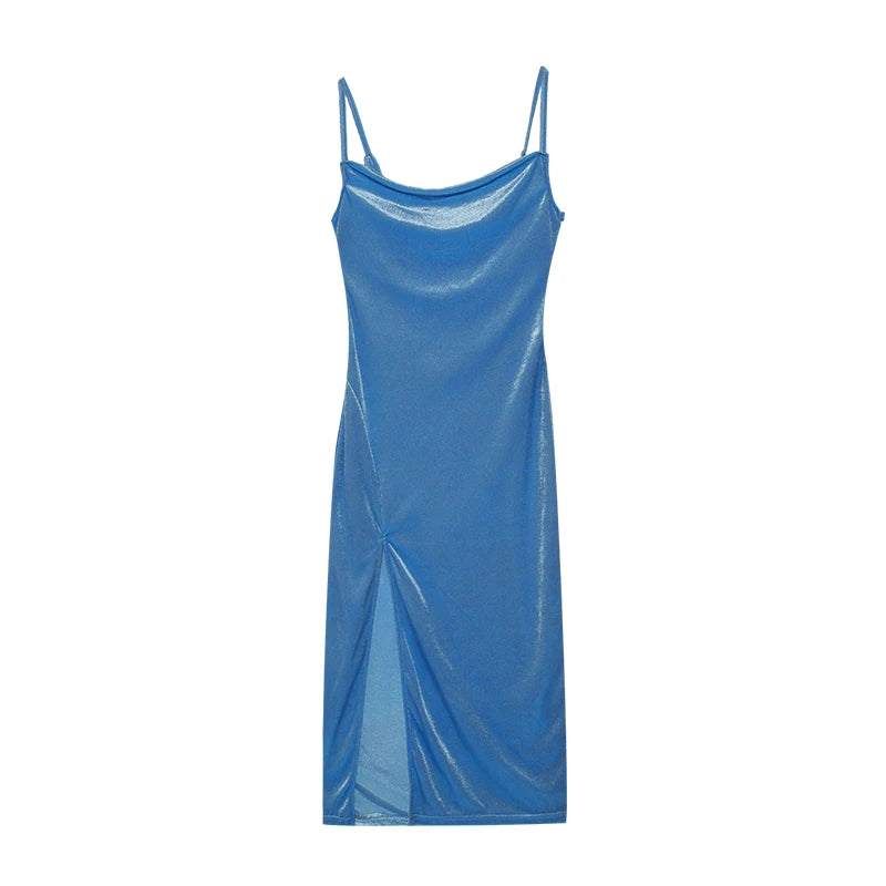 Slim fit blue strap dress with split detail and adjustable straps, perfect for spring and summer fashion.