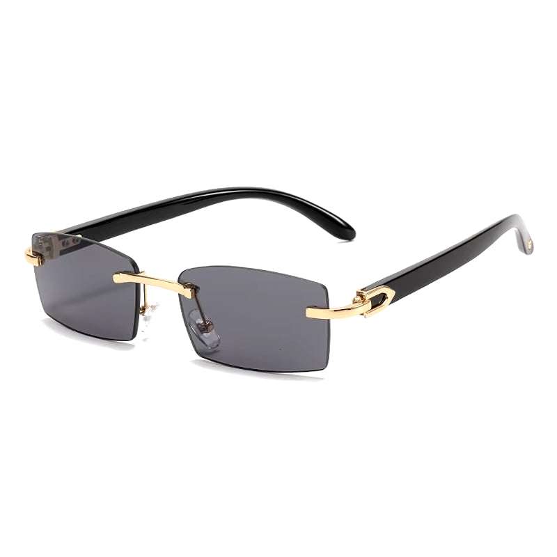 Sunglasses Rimless Rimless horn sunglasses with black and gold accents, featuring UV-400 protection and a lightweight design.