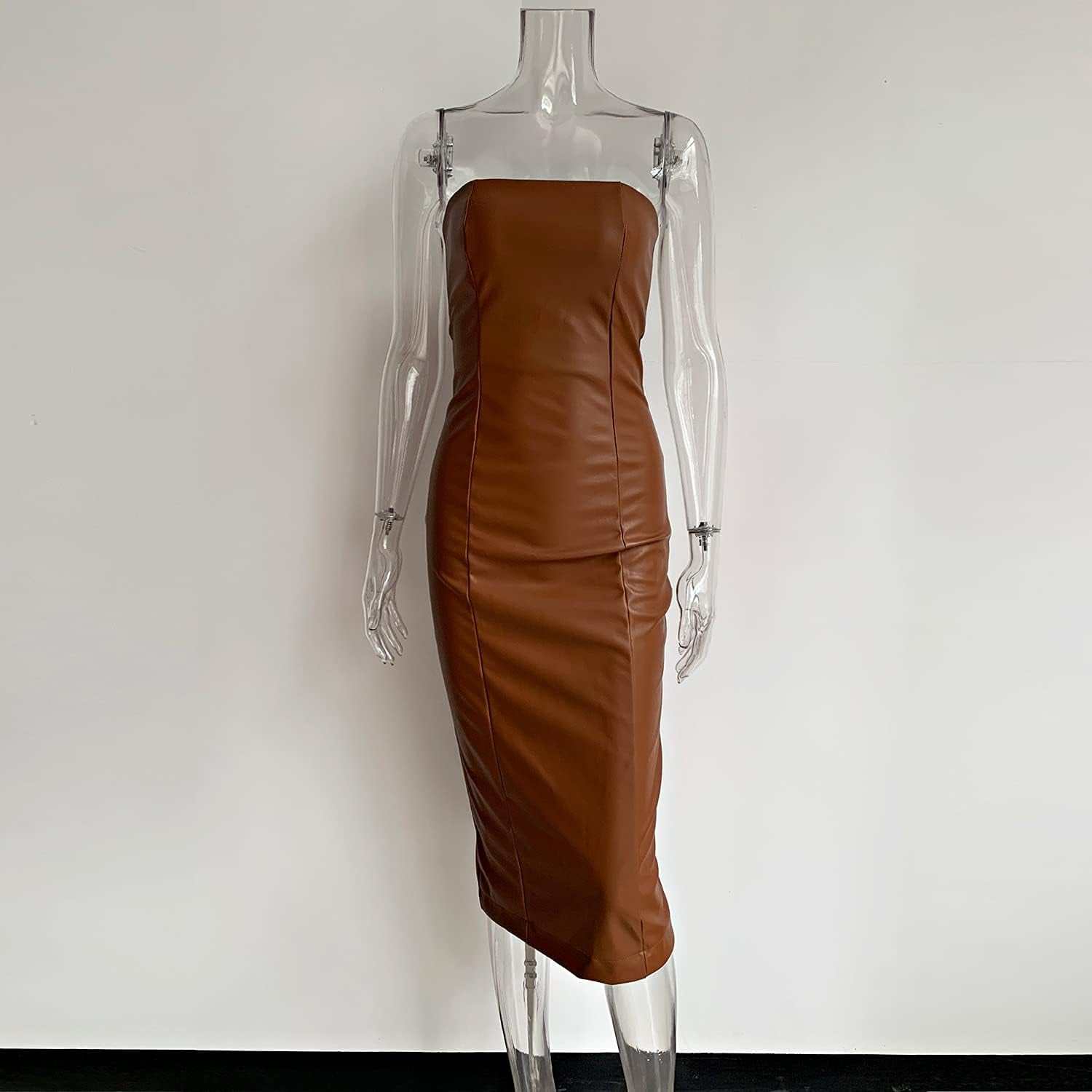 Women strapless dress, off shoulder bodycon party dress, brown midi length, elegant silhouette.