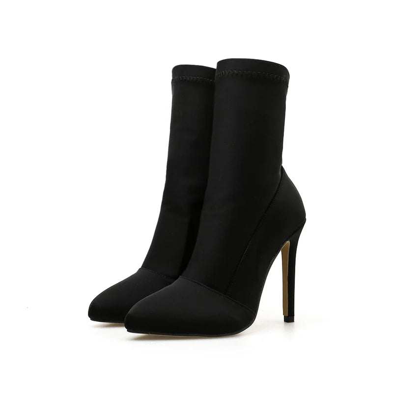 Ankle Boots with 11.5 cm High Heels in Black Silk Sock Material