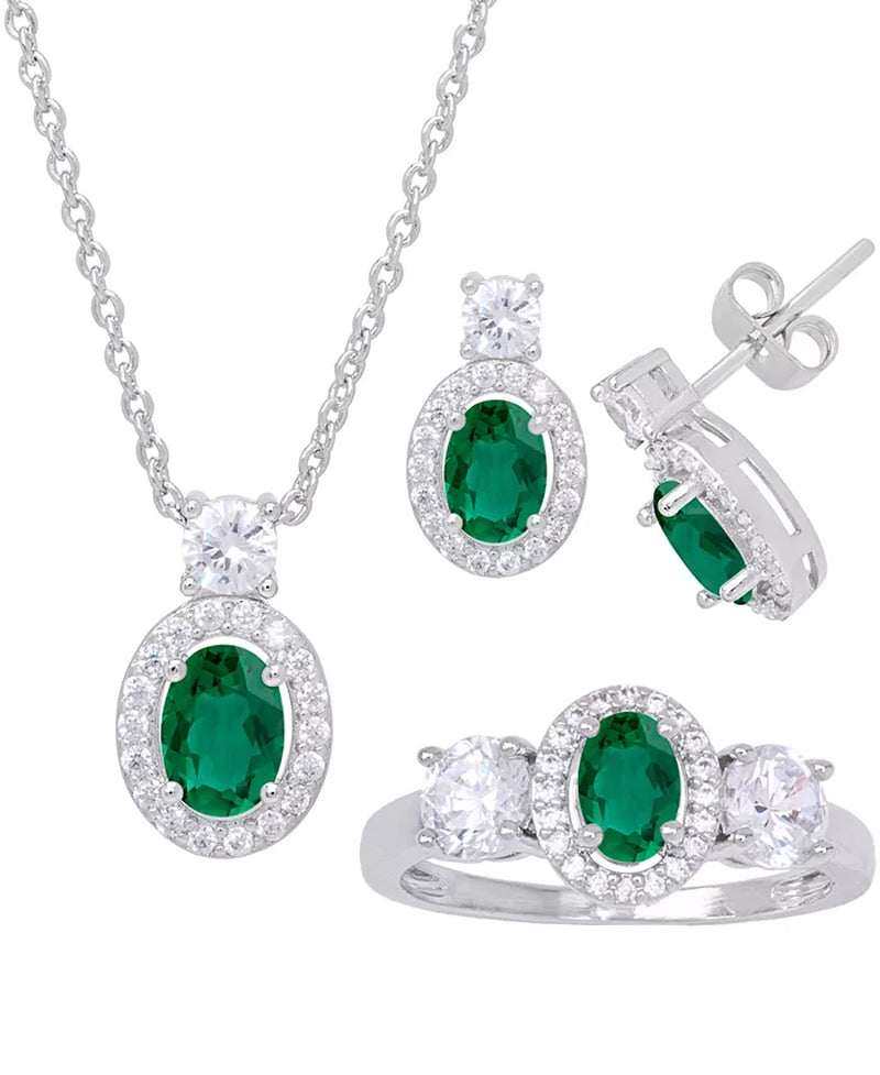 Simulated emerald oval halo jewelry set with pendant earrings and ring in silver plate.