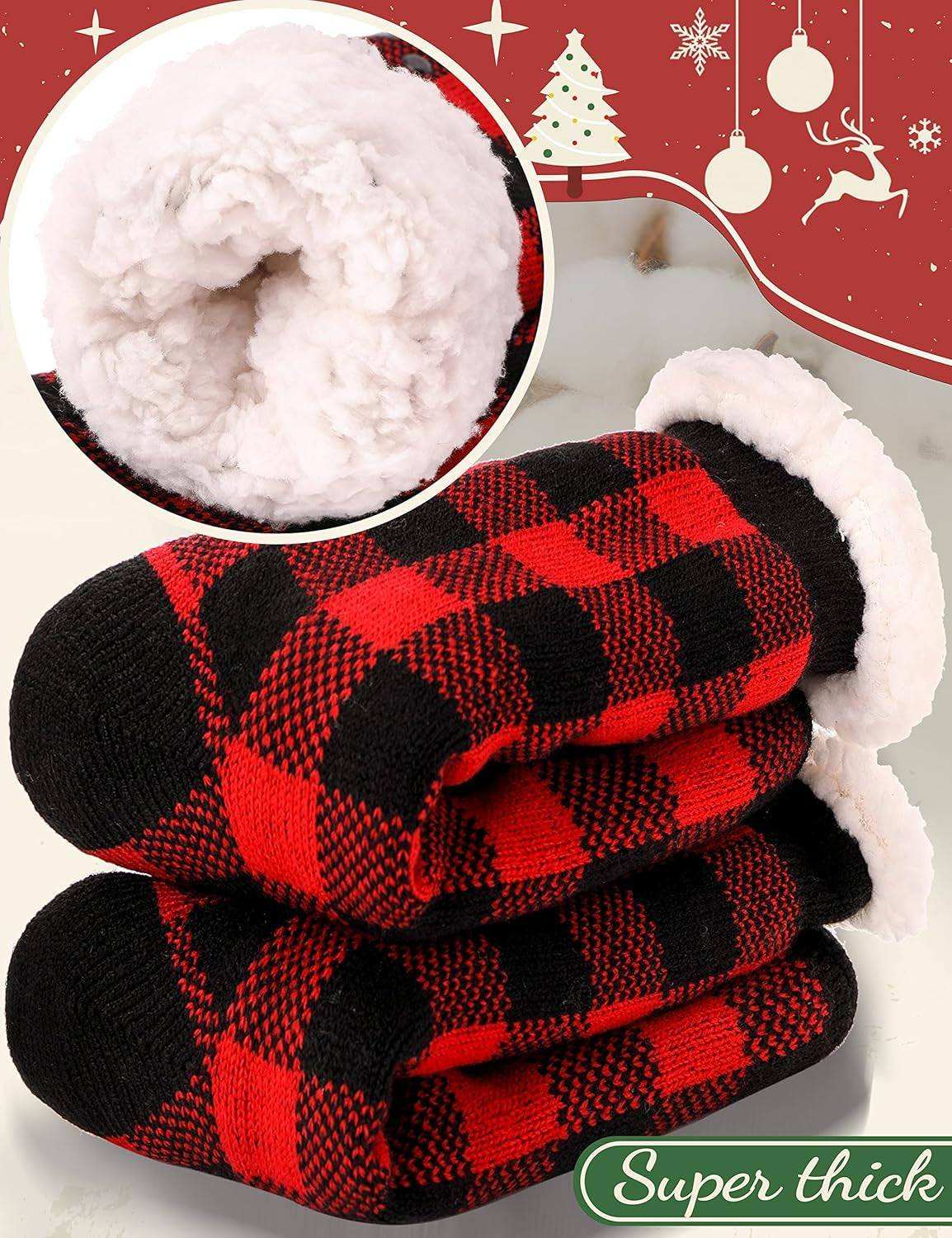 Red and black plaid ANTSNAG women's slipper socks with fluffy fleece lining and anti-slip design for winter warmth.