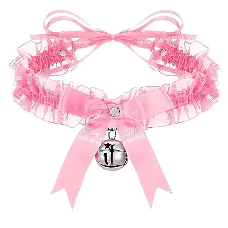 Pink lace choker necklace with bow knot and bell pendant, gothic style jewelry.