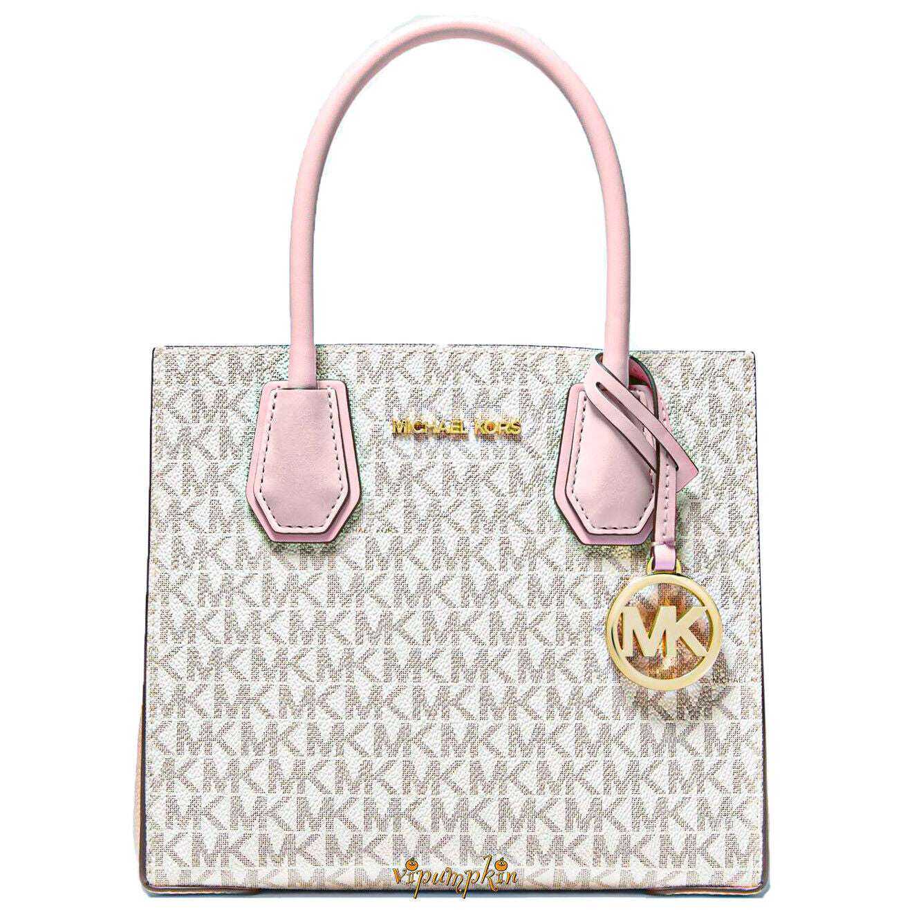 Michael Kors Mercer Messenger Medium Crossbody Bag in Vanilla Powder Blush with gold-tone hardware and logo.