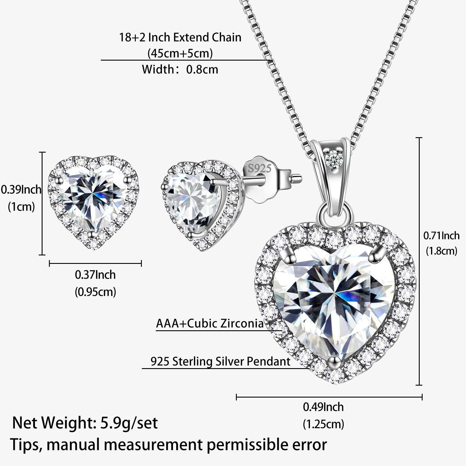 925 Sterling Silver Heart Jewelry Set with White Diamond Zirconia, Necklace and Earrings, April Birthstone, Hypoallergenic, Gift for Women.