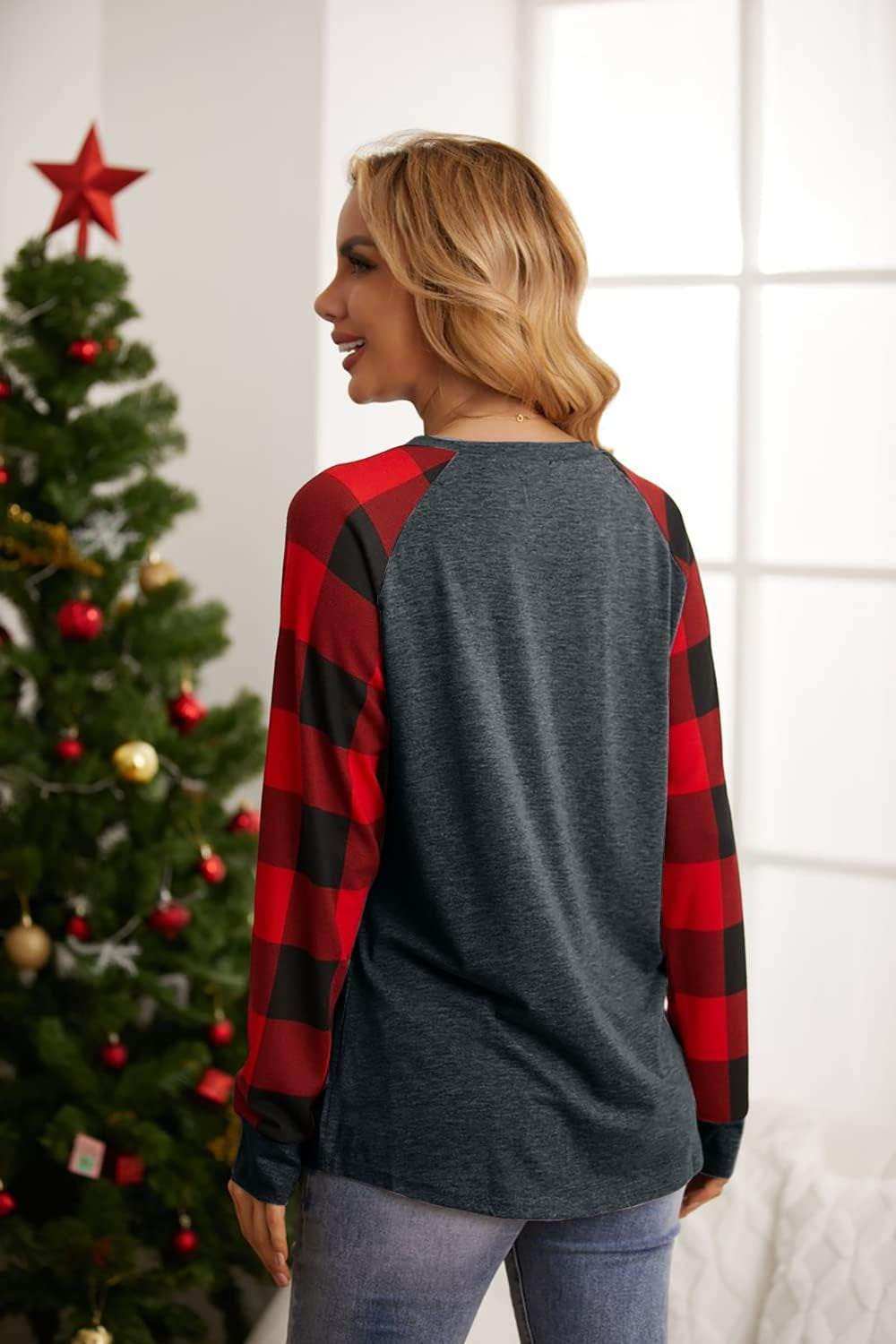Plaid Tops Shirt Women's Christmas gnomes plaid long sleeve tee, holiday-themed shirt with red and green plaid design.