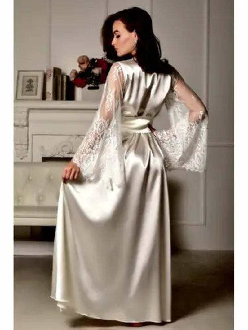 Silk lace long robe nightdress for women in elegant design.
