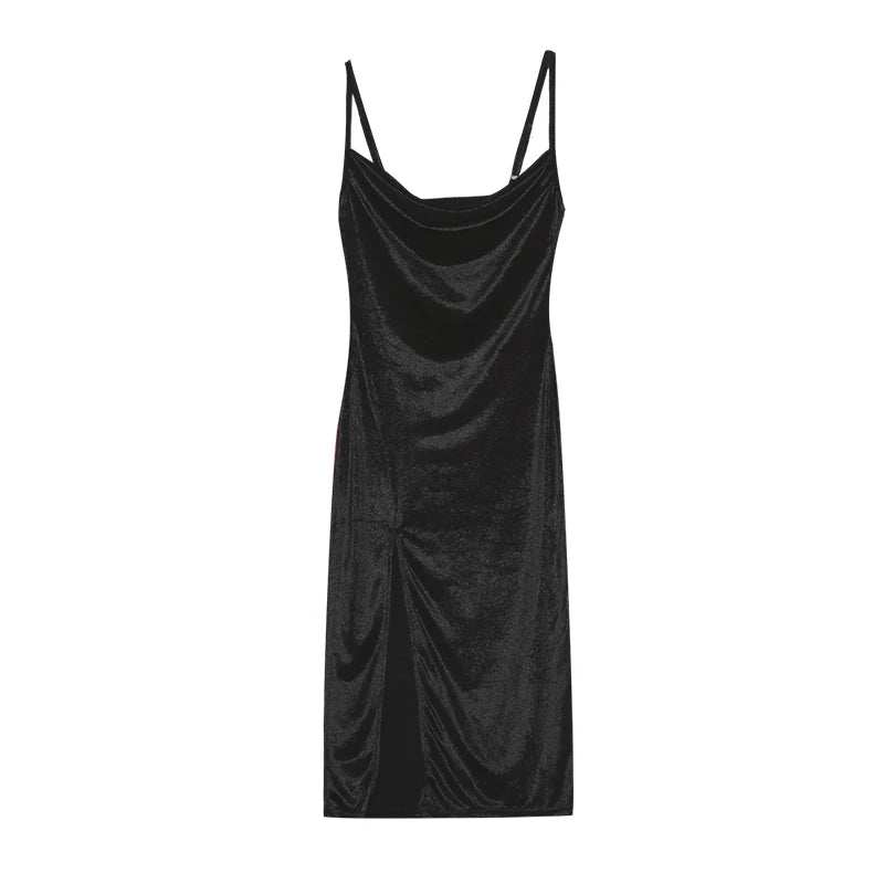 Spring/Summer black slim fit split strap dress.