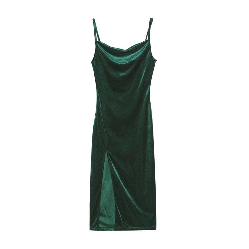 Green slim fit split strap dress, spring/summer fashion.