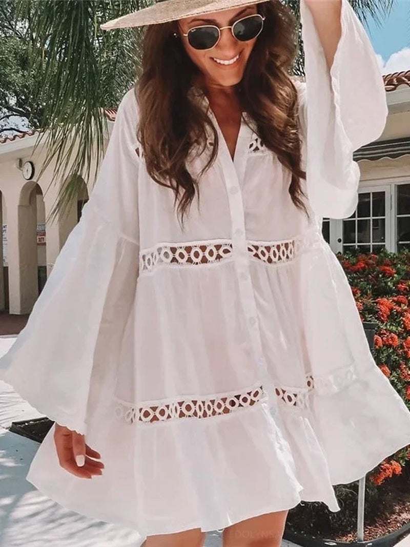 White women's swimsuit cover-up tunic dress with mandarin sleeves, perfect for beach and casual outings.