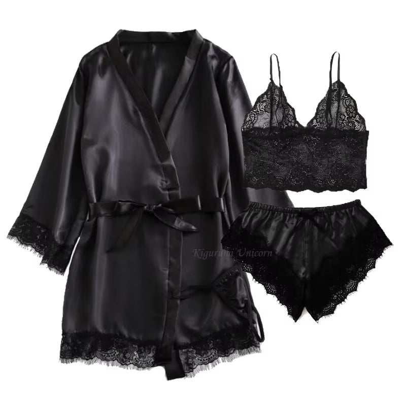 Black satin underwear set with lace details, including robe, suspender top, shorts, and nightgown.