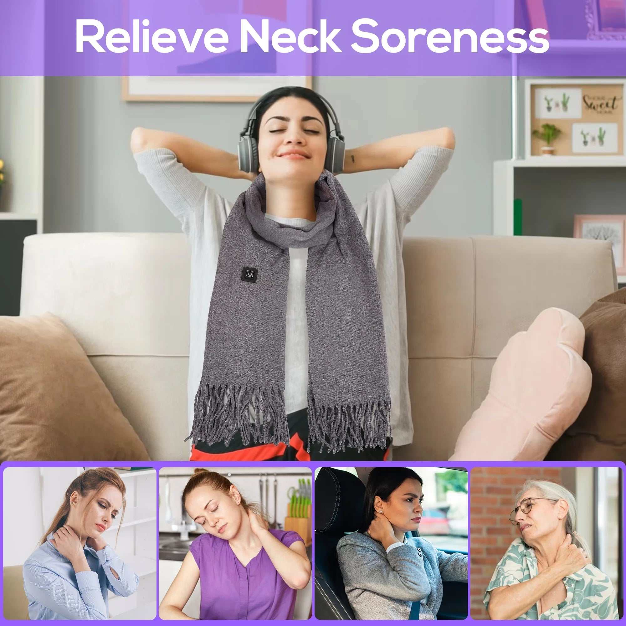 Heated scarf in black and white plaid design, providing warmth and neck pain relief.