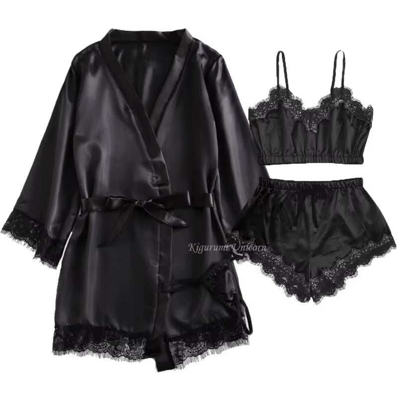 Black sexy underwear satin 4-piece lace silk set with robe, suspender top, shorts, nightgown.
