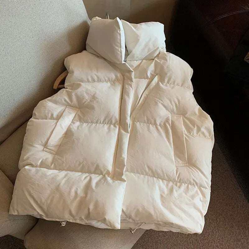 Warm white down vest coat with stand collar design, perfect for autumn and winter.