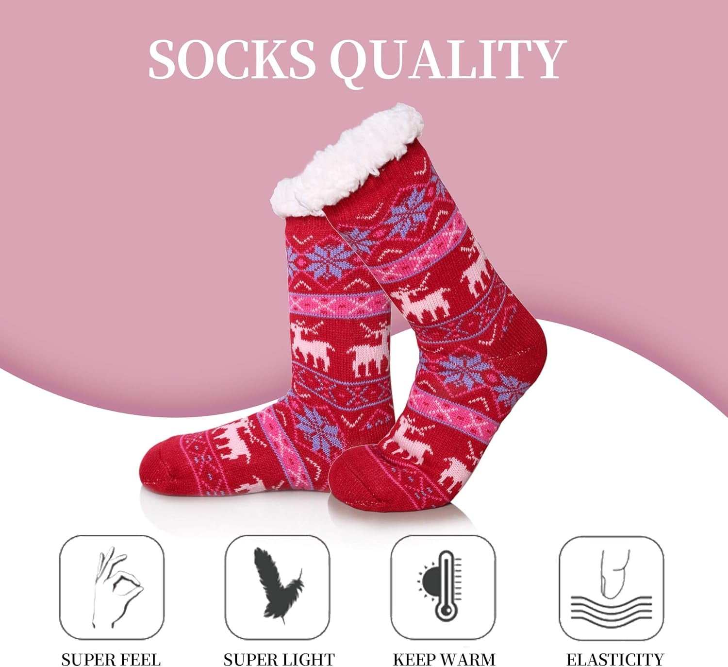 Women's red snowflake deer fleece-lined slipper socks with grippers, cozy winter footwear.